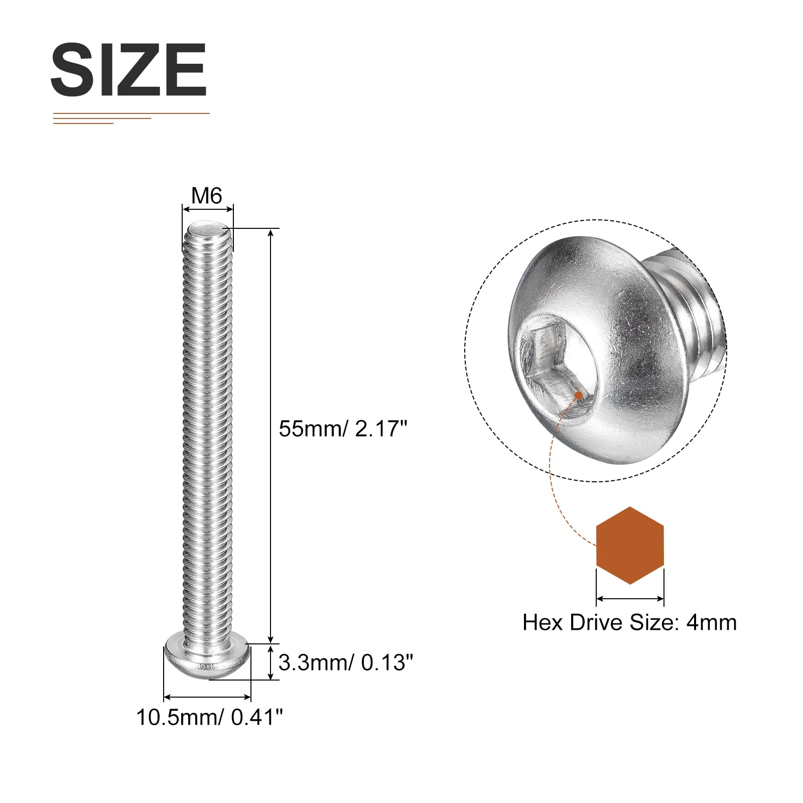 DTGN M6-1x55mm Button Head Socket Cap Screws - 10Pack - Good for Machine - 304 Stainless Steel 18/8 - Hex Drive Full Thread Fasteners - Image 2