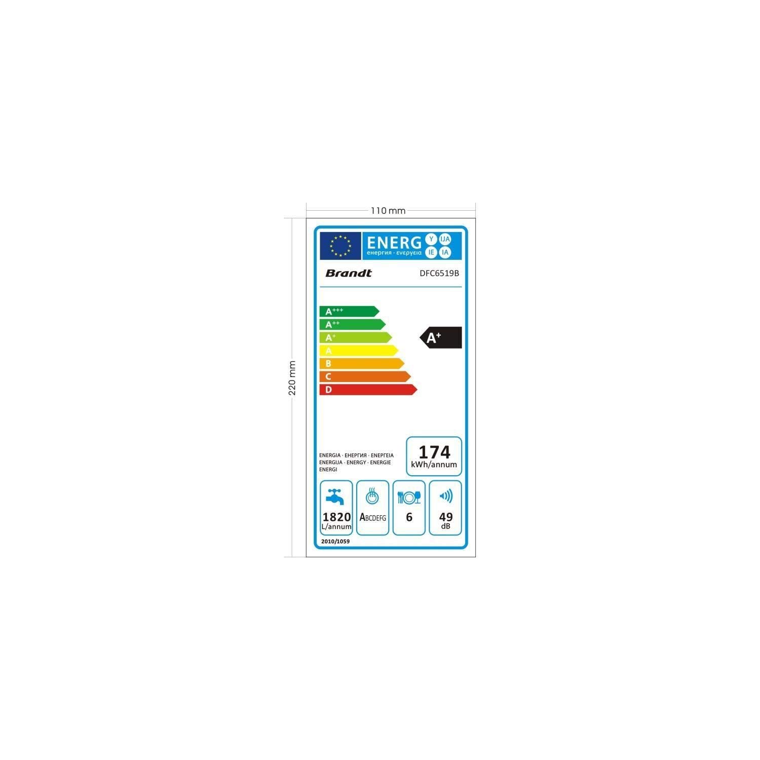 Lave Vaisselle BRANDT DFC6519B 6 couverts - Classe F - 49dB (Classe C) - 6,5L - Digits - DD 1 à 24H - 7 prog. - 1 panier - Aquasafe