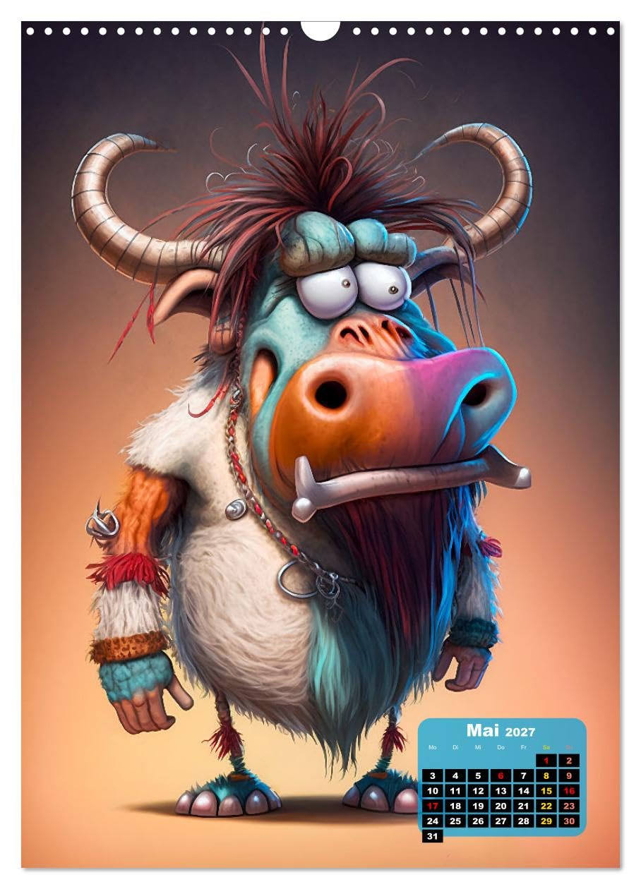 CALVENDO - FETZIG EXOTISCH (Wandkalender 2027 DIN A3 hoch), Monatskalender: Lustige Tiere als farbenfrohe Cartoon Charaktere.