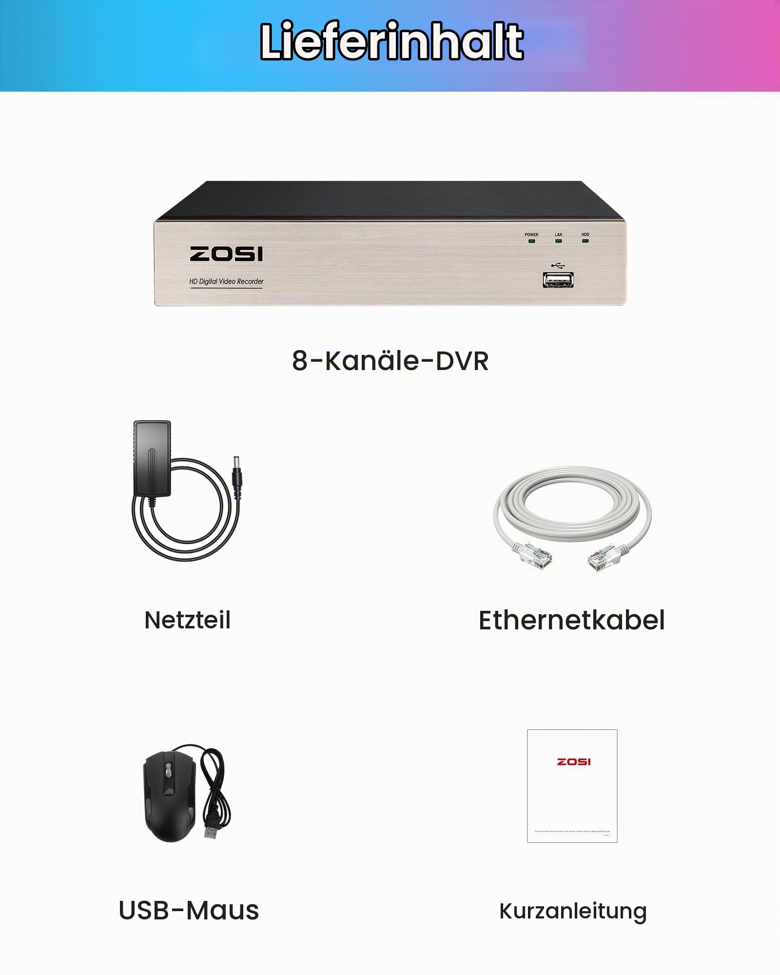 ZOSI 8CH 1080P 4in1 H.265+ DVR Digital Video Recorder ohne HDD | Verkabelt BNC Eingang, Hybrid TVI/AHD/CVI/Analog CCTV Überwachungsrekorder, KI Personen-/Fahrzeugerkennung, HDMI VGA Ausgang