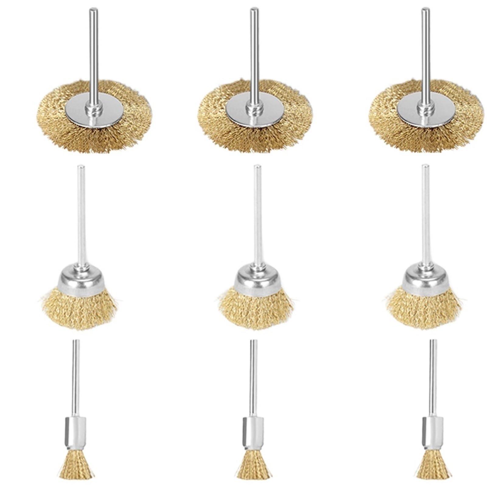 Nasadki szczotkowe do wiertarek, Szczotki metalowe Kółko garnkowe, Mosiężna szczotka ścierna ze stali nierdzewnej Wielokolorowe 8/15/25 mm(9pcs brass brushes)