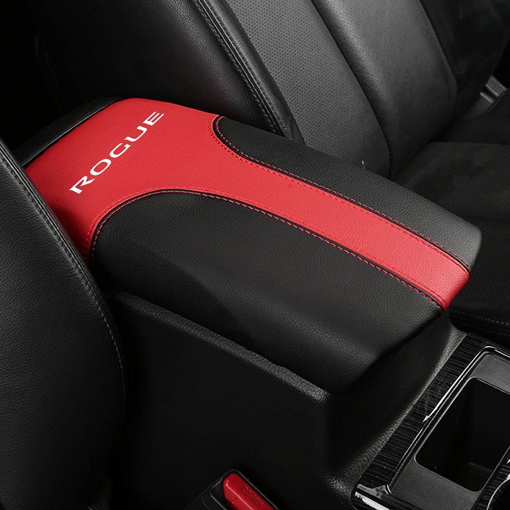 XITER with Rogue Logo Car Armrest Cover Saver, 1 Pc Center Console Leather Pad Fit for Nissan Rogue 2014-2020, 2017-2022 Rogue Sport Interior Accessories (Black+Red)