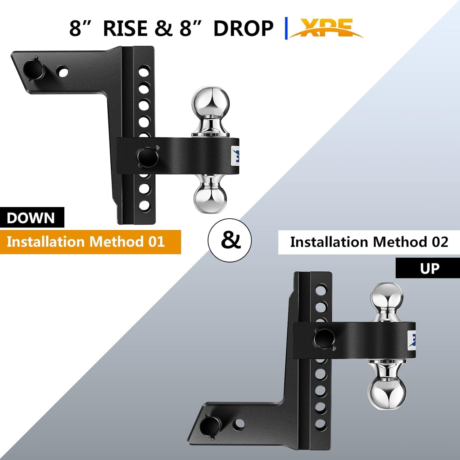 XPE Adjustable Trailer Hitch - 2.5" Receiver, 8" Drop/Rise, 2" & 2-5/16" Balls, 28,000 Lbs GTW