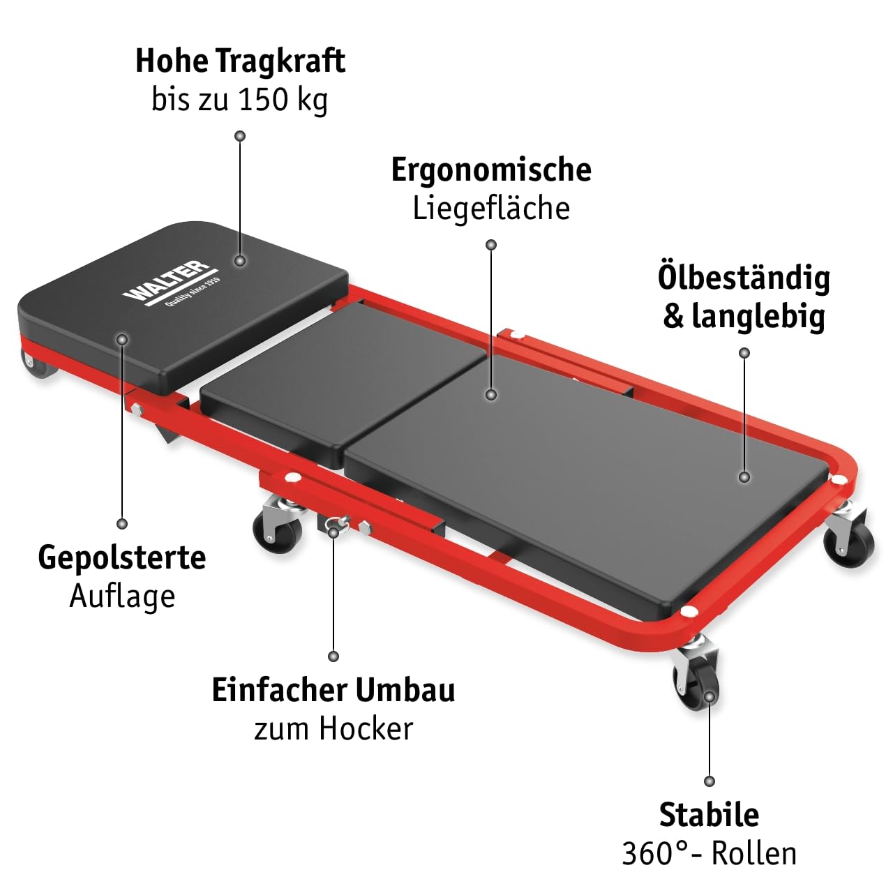 WALTER Montage Rollbrett/Werkstatthocker 2in1 | Tragkraft 150kg Rollsitz, Werkstattliege, Reifen Wechseln Zubehör, 360° drehbar