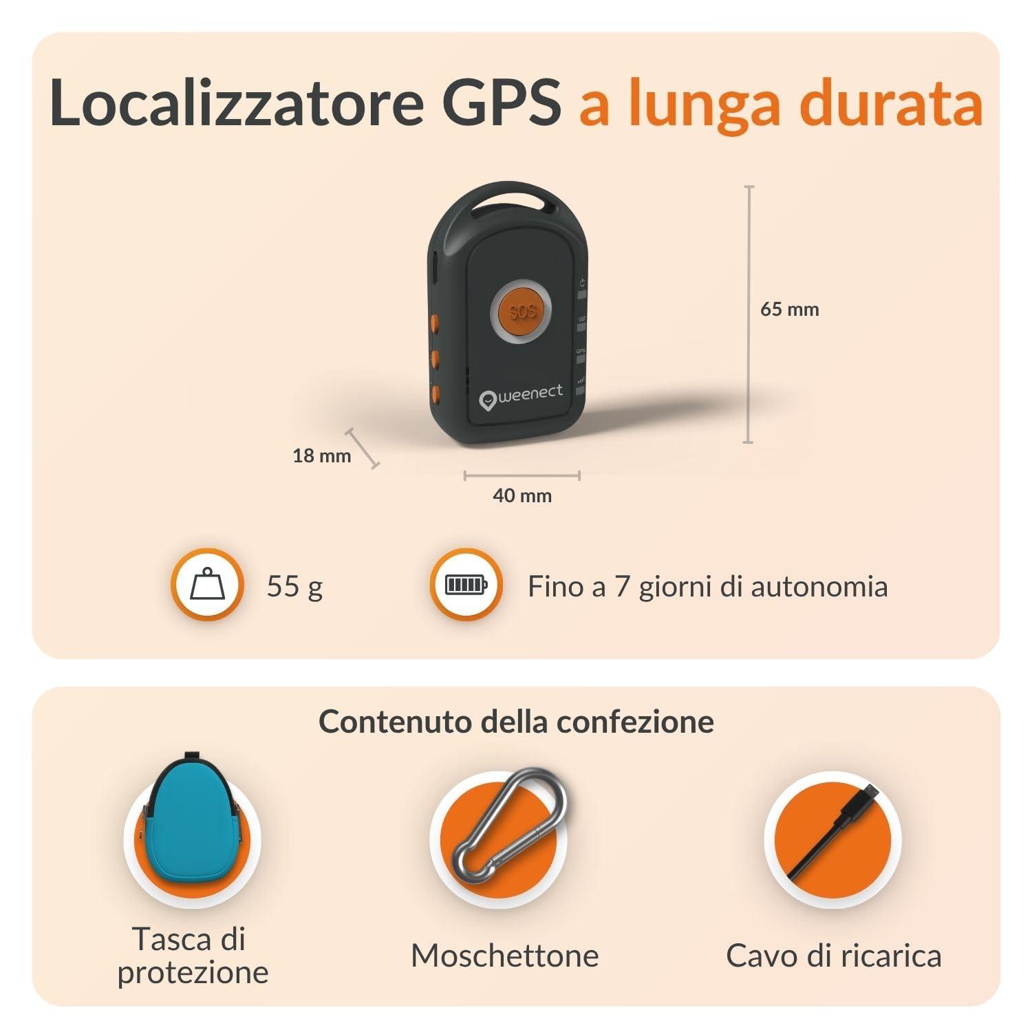 Weenect - GPS per bambini | Senza limiti di distanza | 7 giorni di autonomia | Pulsante di allarme | Telefono di emergenza | 2G | Funziona con abbonamento