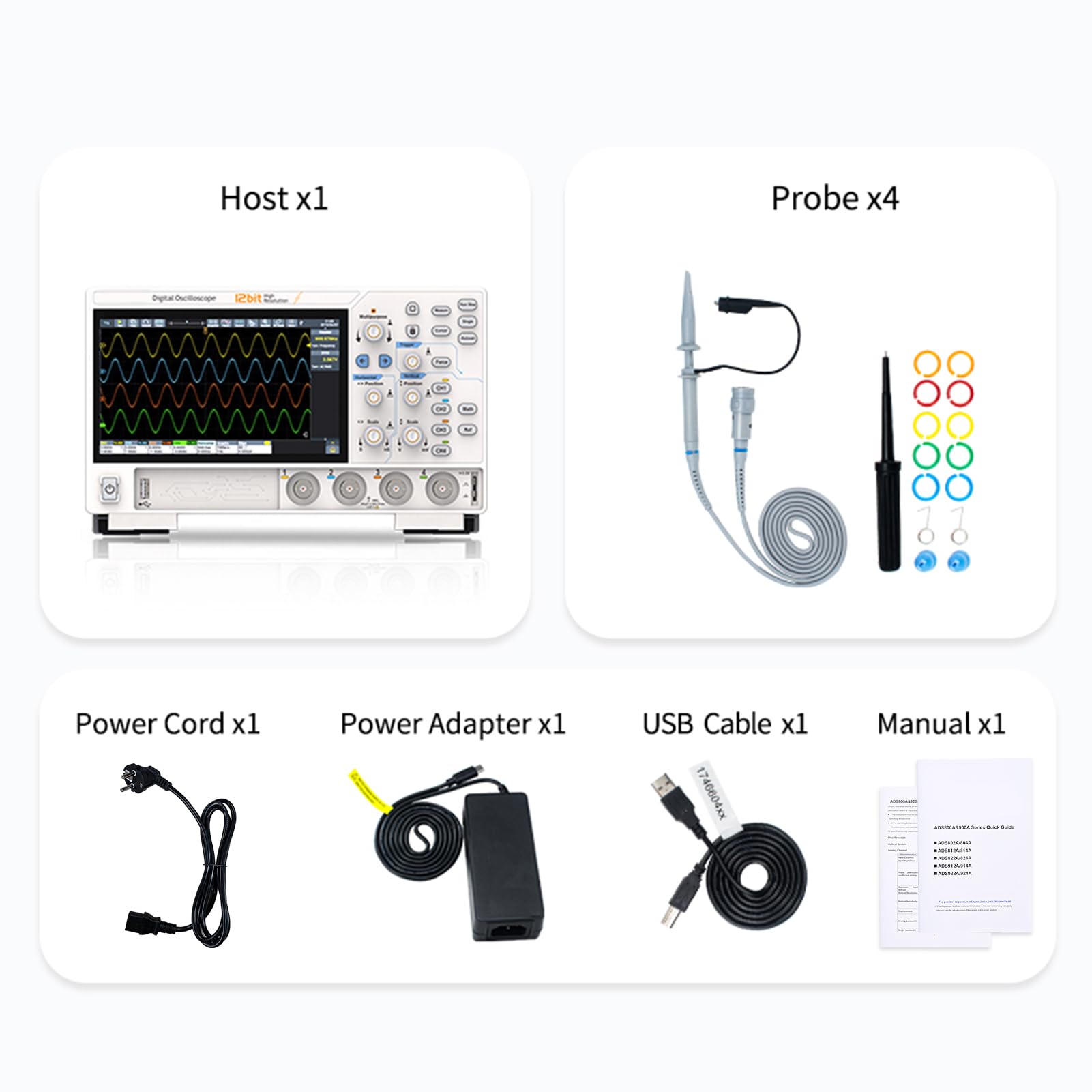 Weytoll 4-Kanal-Digitaloszilloskop (100 MHz), 12-Bit-Auflösung, 1,25 GSa/s Echtzeit-Abtastung, 7-Zoll-Multi-Touchscreen, 50 m Tiefe, 700.000 Wfms/s Erfassungsrate (EU-Stecker)