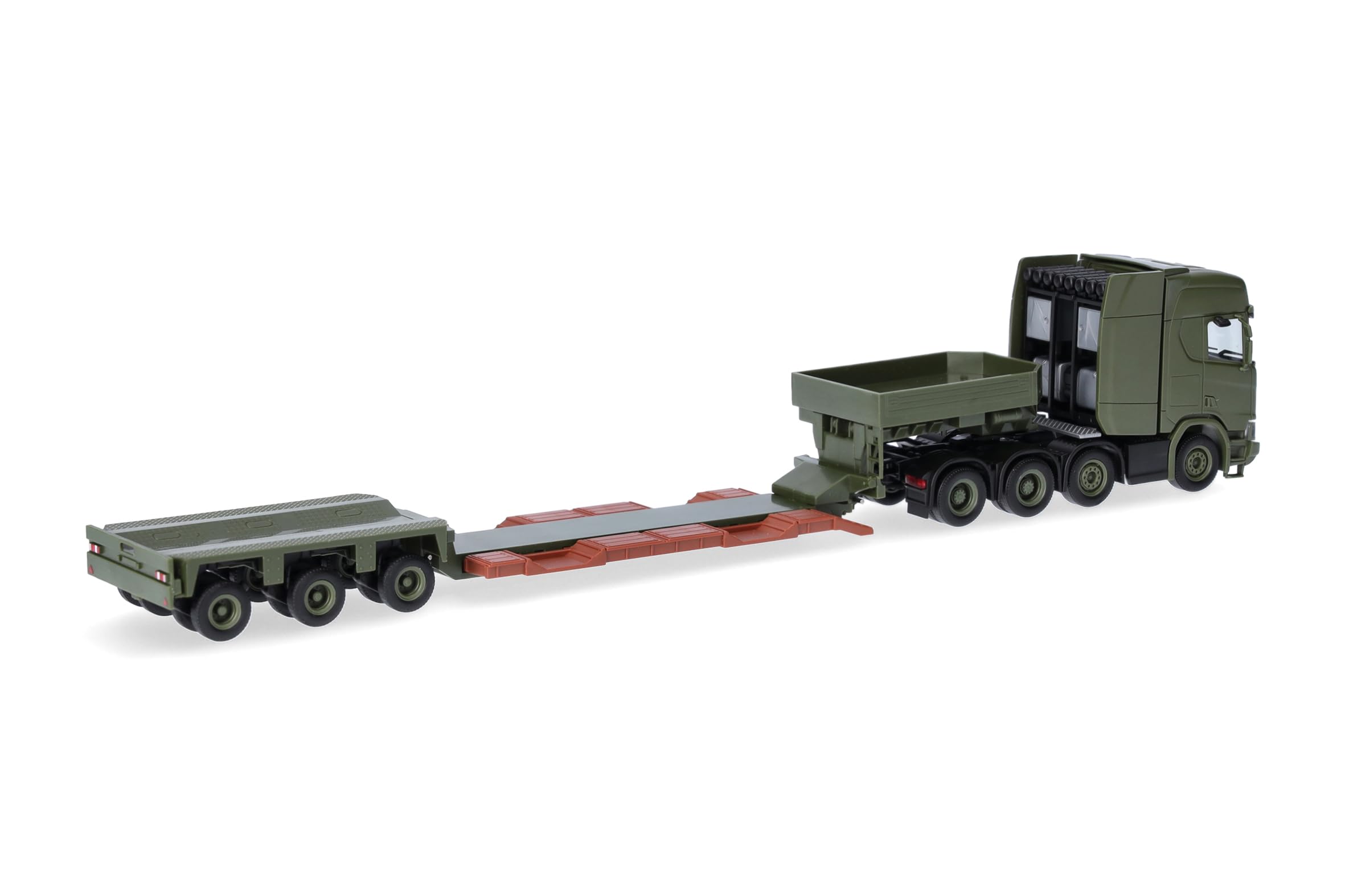 Herpa model ciężarówki Scania CR 20 HD naczepa niskopodwoziowa „Danish Army” (DK), miniatura w skali 1:87, Military, model kolekcjonerski, wyprodukowany w Niemczech, tworzywo sztuczne