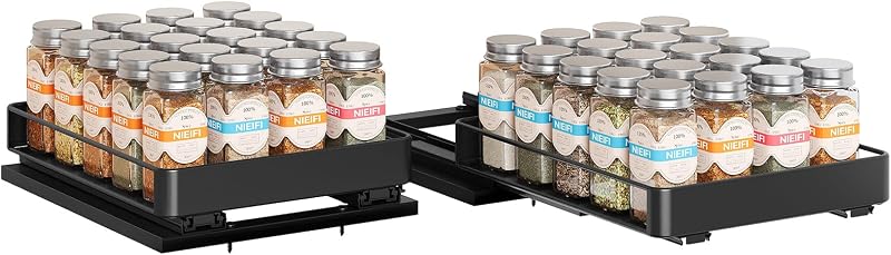 Spice Rack Organizer for Cabinet, Vertical Spice Rack Pull Out, Easy to Install, Metal, 8.5''Wx10.35''Dx2.3''H, 2 Pack, 1 Tiers(Black)