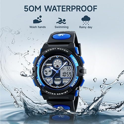 Miniatura 3 de Reloj de pulsera digital de cuarzo para niños, reloj electrónico de doble pantalla para niños y niñas, con reloj despertador, Azul, reloj de pulsera