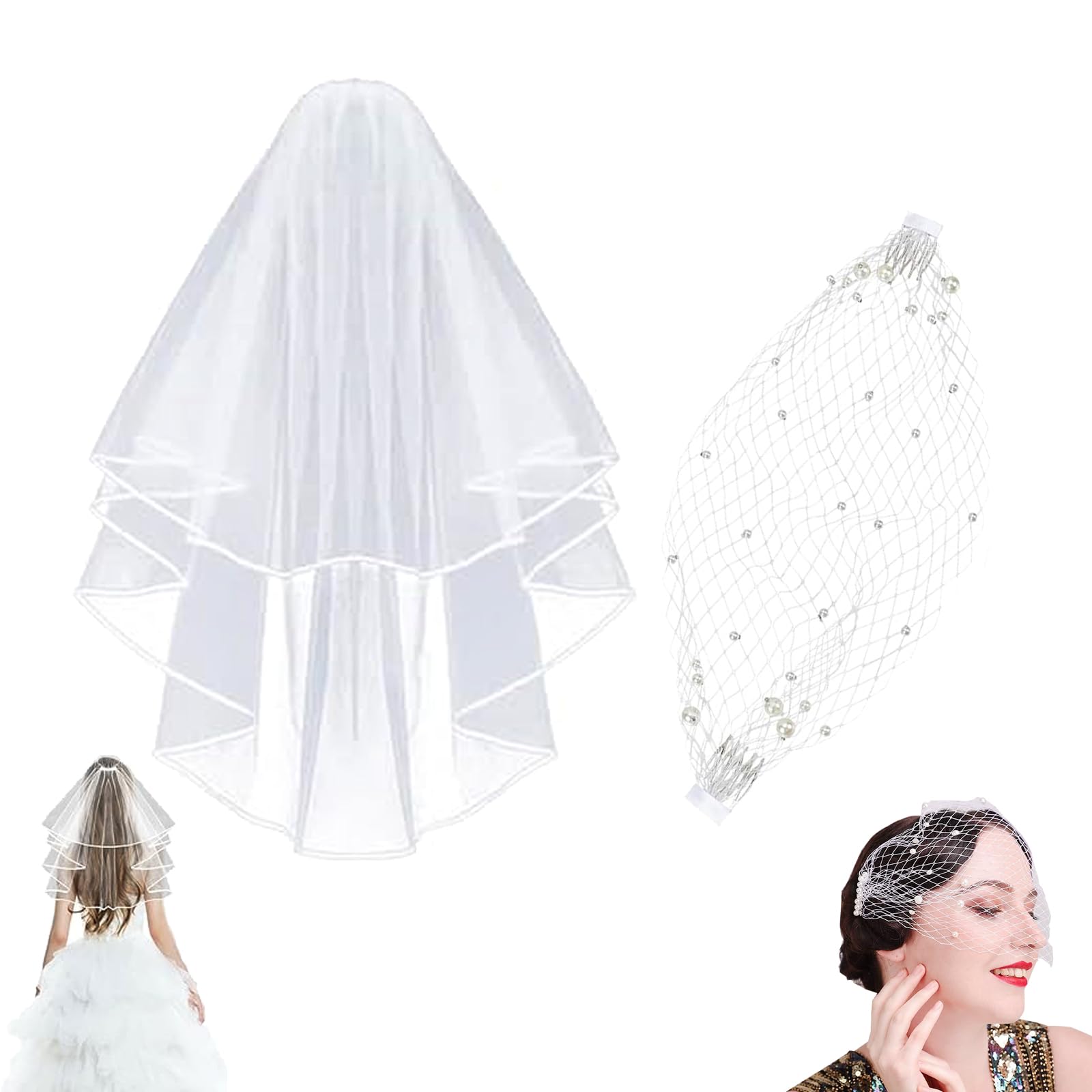 umyeoqoyo Wedding Veil for Bride, Bridal Veil, White Hen Party Veils with Mesh Face Mask for Hen Party Decorations, Engagement, Wedding, Bachelorette Party