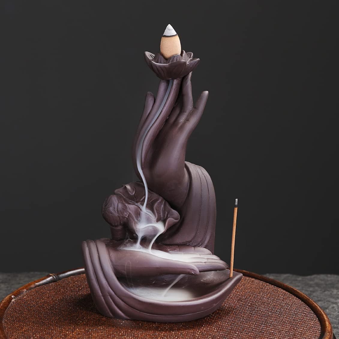 Ceramic Buddha Hand Backflow Incense Burner Indoor Smoke Waterfall Incense Holder Creative Lotus Aromatherapy Burner Ornament Home Decor