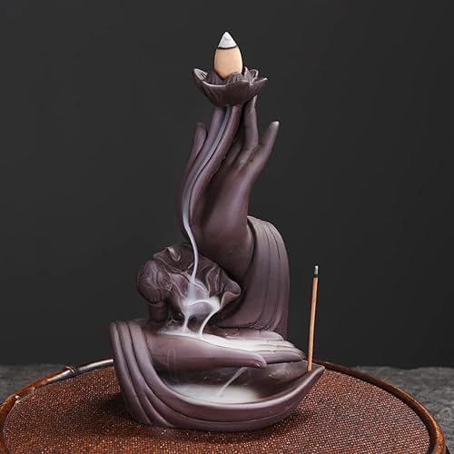 Miniatura 2 de Quemador de incienso de mano de Buda de cerámica para interiores, soporte de incienso de cascada de humo creativo Lotus para aromaterapia, adorno