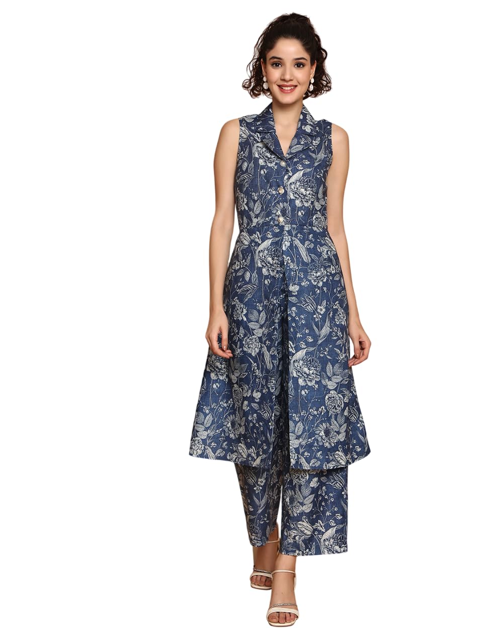 blanc 9 Stylish Womens Linen Blend Printed Sleeveless Lapel Collar A-Line Co-ord Set | Lightweight & Breathable Fabric | Top with trouser Set-picture-19