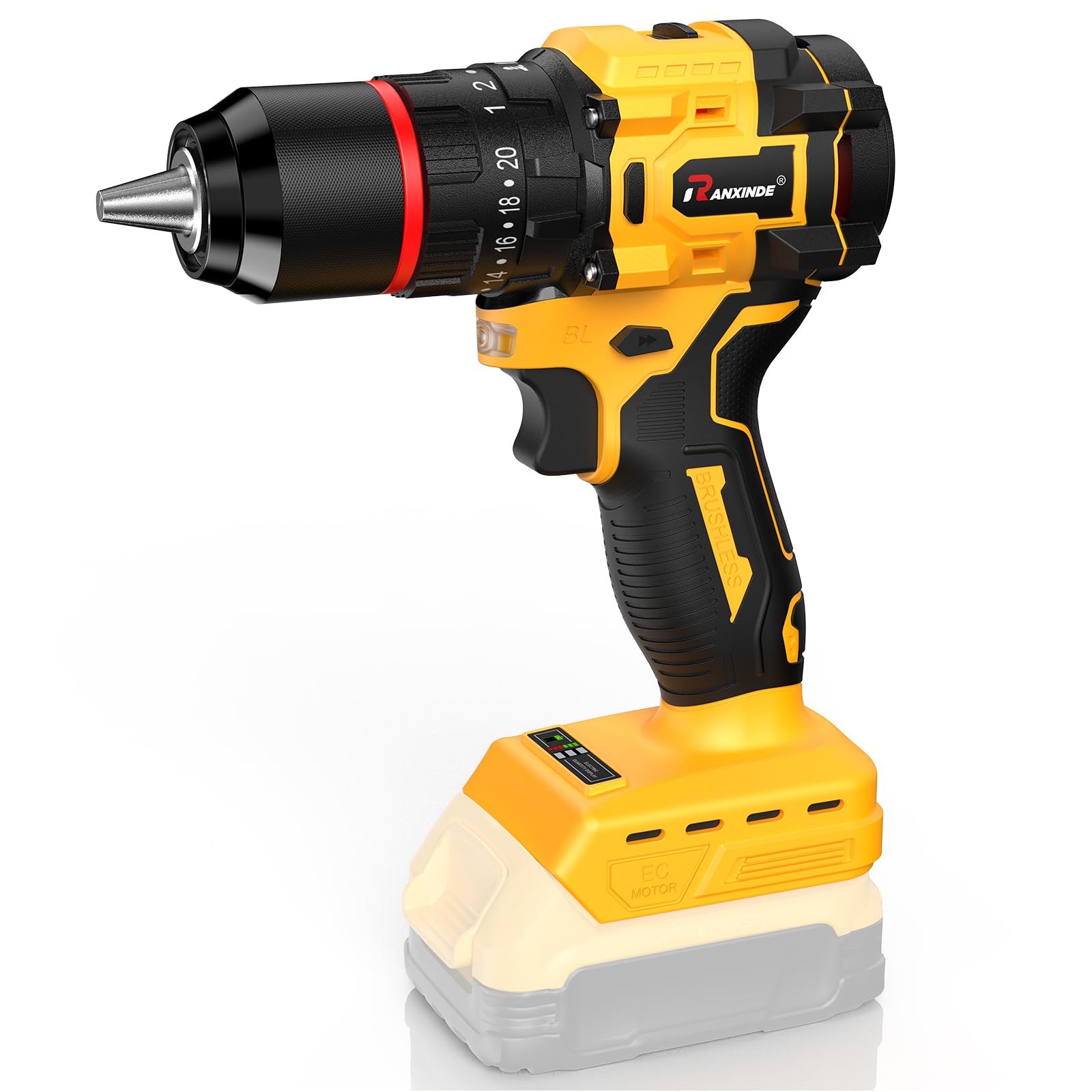 Ranxinde 1/2" 20V Hammer Drill Compatible with Dewalt 20V Max Battery, 2 Speed 0-400/1800 RPM, 37.29 Ib-ft Torque, Brushless, for Home & DIY Drilling and Screwdriving (Battery Not Included, Non-OEM)