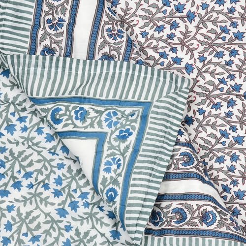Image of BLOCKS OF INDIA Cotton Single Size Quilt Hand Block Print for Light Winters (60x90 Inches) (Blue Grey JAAL)-300 TC