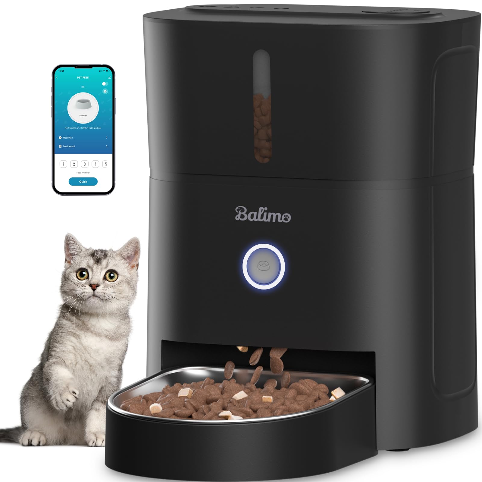 Balimo Distributore Automatico Cibo Gatti, 2.4G WiFi Dispenser Crocchette Gatto, 3L Distributore Automatico Cibo Cani, 10 Pasti al Giorno, Ciotola in Acciaio Inossidabile 304, Adatto Per Cani e Gatti