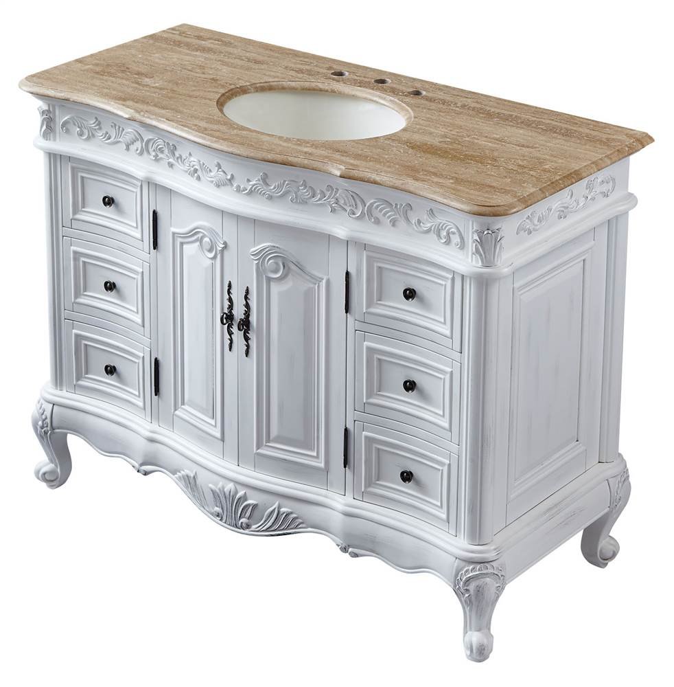 Silkroad Exclusive HYP-0152-T-UIC-48 Countertop Travertine Single Sink Bathroom Vanity with Cabinet, 48", White
