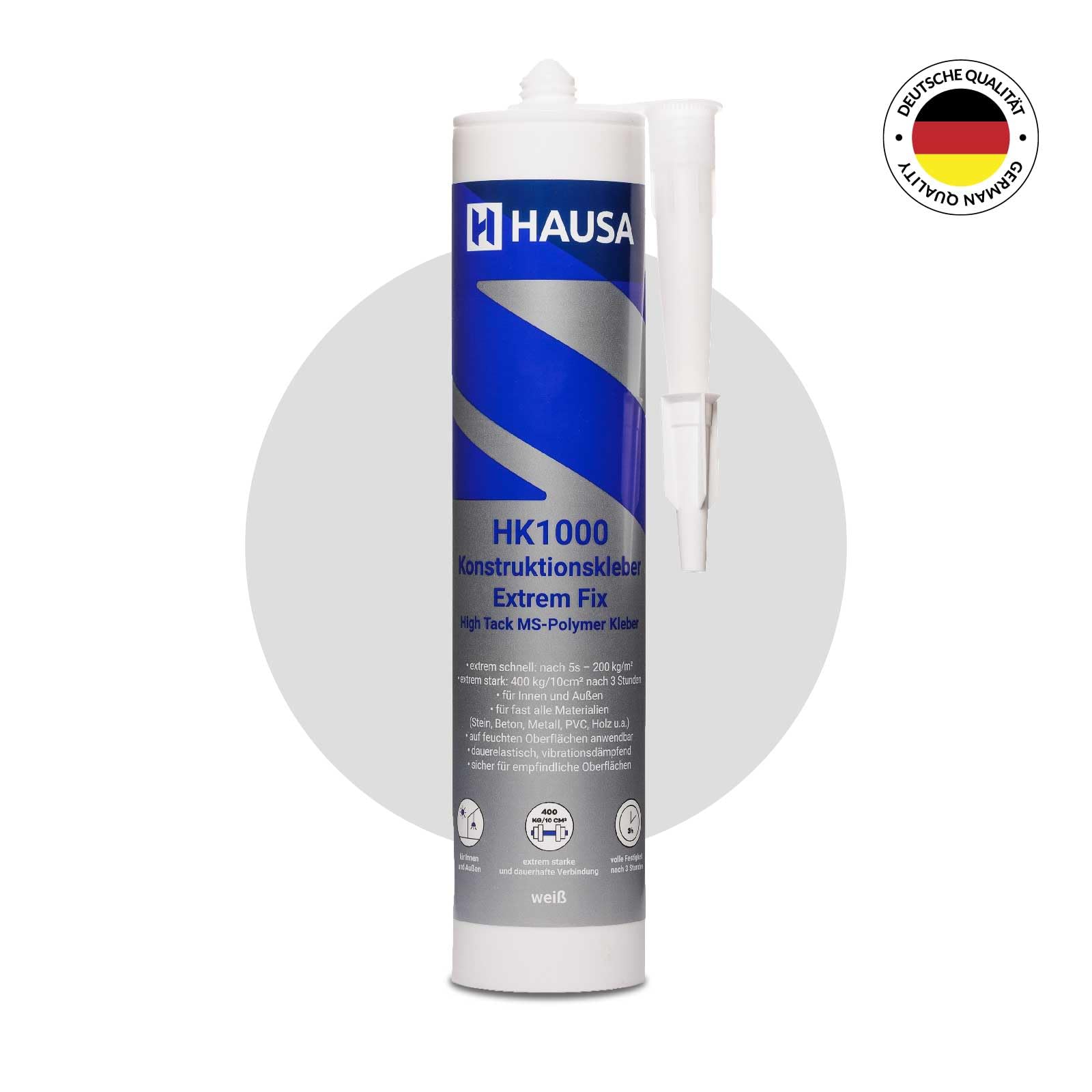 HAUSA Colle de Construction Polymère MS Haute Tack HK1000 avec Presse à Cartouche Colle de Montage 400kg/10cm² après 3h pour Construction Intérieure et Extérieure Colle Tout Usage 1x 290ml Blanc