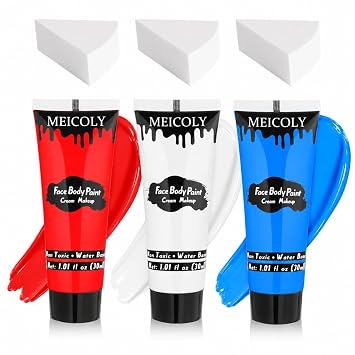 MEICOLY 3pcs Red White Blue Face Paint Set with 3 Sponges for Halloween,Creamy Water-based USA Body Paint for Football Veterans Patriotic Event 250 Anniversary