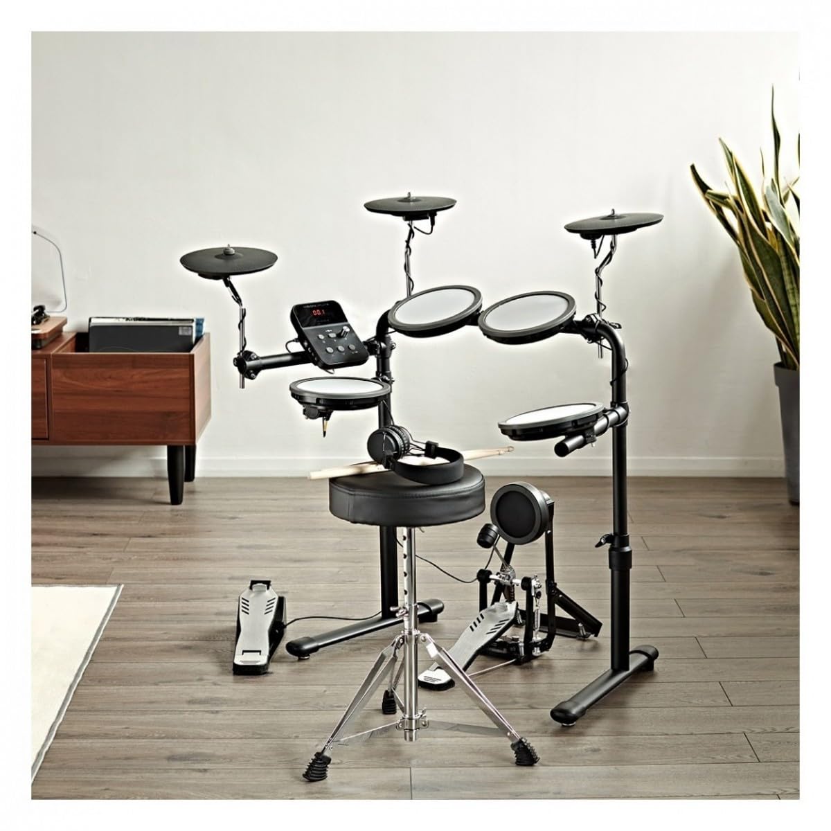 VISIONDRUM+ E-Drum-Set mit Hi-Hat- und Kick-Pedal, 8 Mesh-Pads | 8-teiliges Mesh-Pad-Set, höhenverstellbar und klappbar, inkl. Kopfhörer für leises Üben, Hocker und Sticks