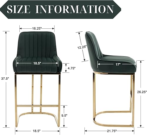 Miniatura 10 de ROCITY Juego de 2 taburetes de bar de cuero negro modernos con patas doradas de 26 pulgadas de altura de mostrador, sillas tapizadas de isla de