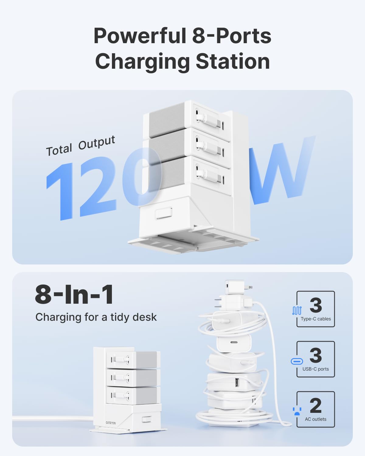 Gitryin ModDock 3 Stazione di ricarica modulare desktop, stazione di ricarica retrattile 8 in 1 per telefoni cellulari con 3 blocchi di ricarica di tipo C, hub di ricarica USB veloce da 120 W con cavo