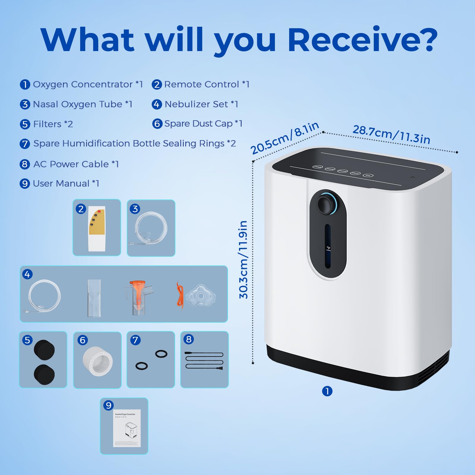 Concentratore di ossigeno portatile per la casa,Concentratore di ossigeno Xandoril,93%±3%, 1-7L/min,Doppio utilizzo di telecomando e touchscreen, <45 dB a basso rumore