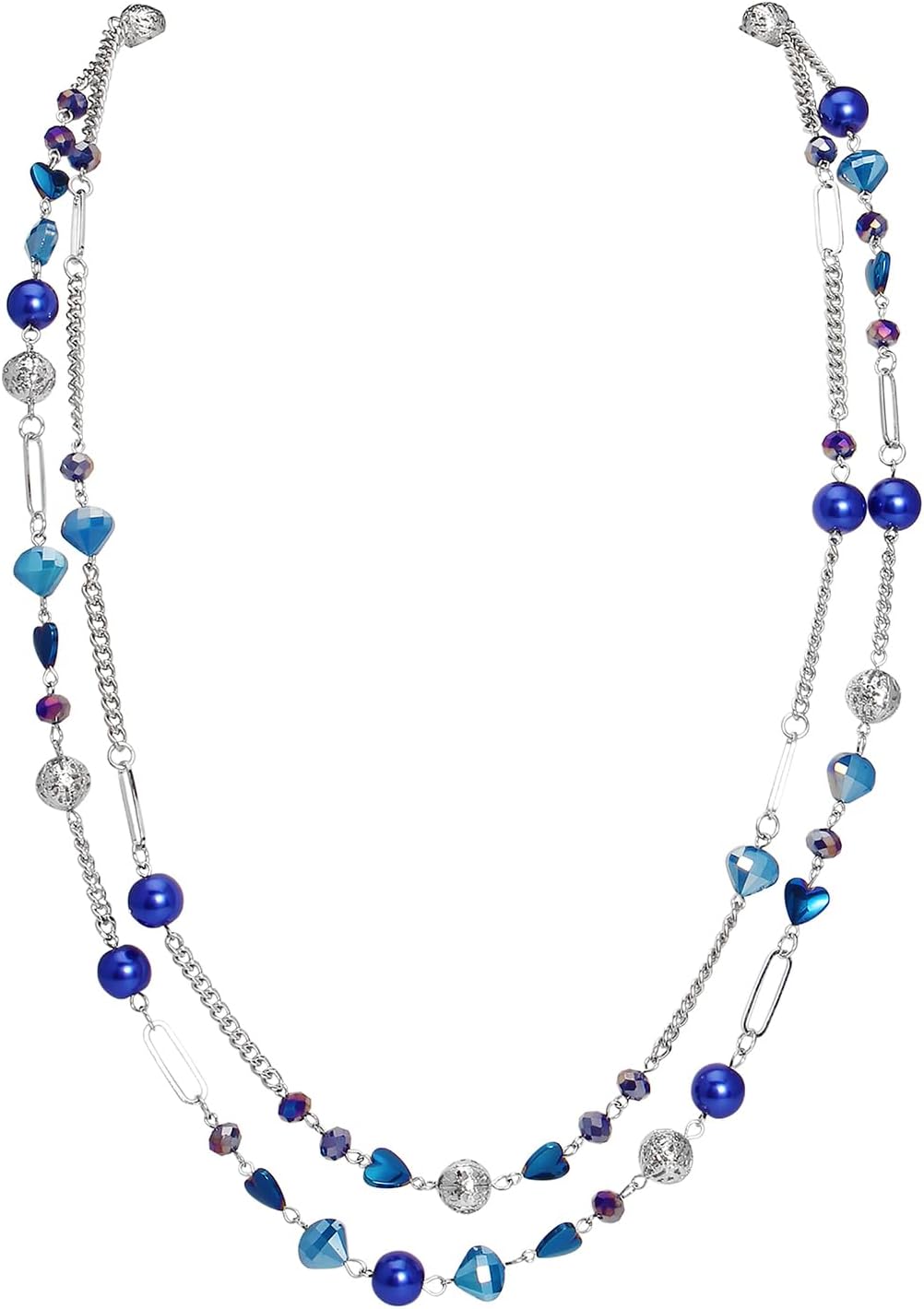 Bocar Beaded Necklace, 2 Layer Long Link Chain Necklace Crystal Beads for Women, Choker Jewelry Gift