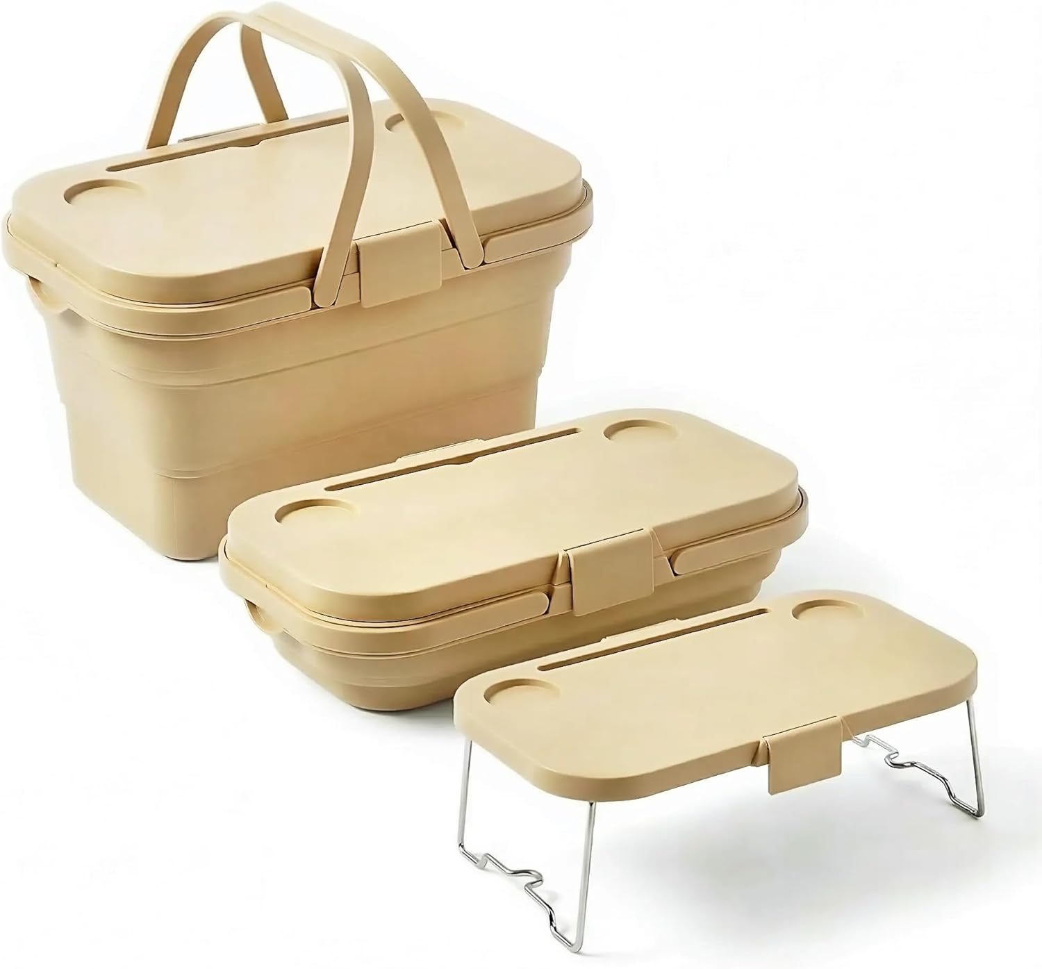 32L Foldable Picnic Basket with Table Board, Portable Outdoor Storage Box, Cup Holders & Phone Slot, Leakproof Collapsible Camping Organizer for Picnic Beach Hiking (Olive Green Khaki) (Khaki)