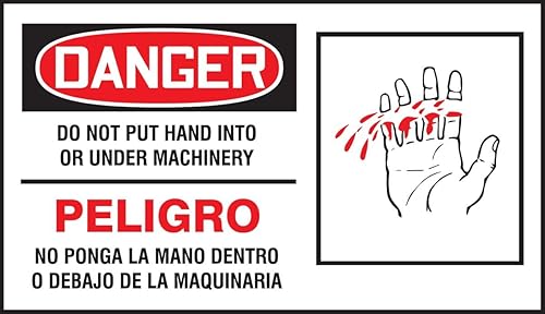 Accuform SBLEQM023VSP Etiqueta de seguridad bilingüe española, "Danger Do Not Put Hand INTO OR Under Machinery", 4"x7"x0.004", Vinilo Adhesivo,