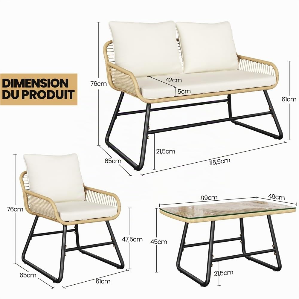 Yaheetech Ensemble Salon de Jardin 4 Pièces Tressé Set de 1 Canapé avec 2 Places 2 Fauteuils et Table d'Appoint en Verre Trempé Style Bohème pour Terrasse Balcon, Patio