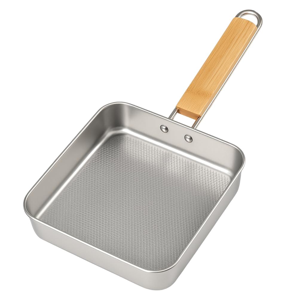 Crega Stainless Steel Tamagoyaki Pan with Wooden Handle, Square Omelette Pan for Japanese Rolled Eggs, Induction & Gas Compatible Egg Fry Pan, Non Stick Honeycomb Surface, Breakfast Pan for Omelette-image-2