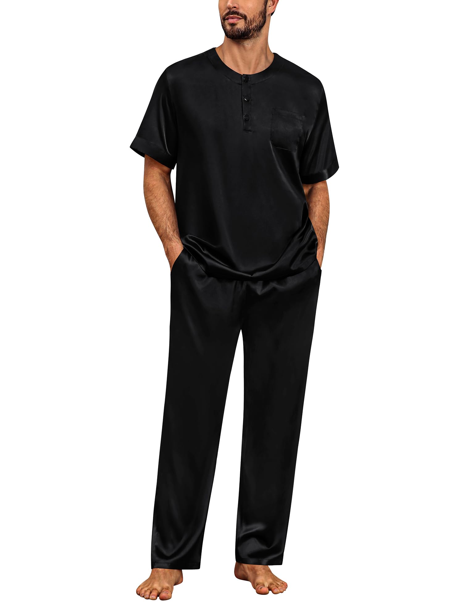 SWOMOG Men Satin Pajama Set Short Sleeve Pj Set 2 Pcs Loungewear Silk Sleepwear Half Button Down Long Pants with Pockets