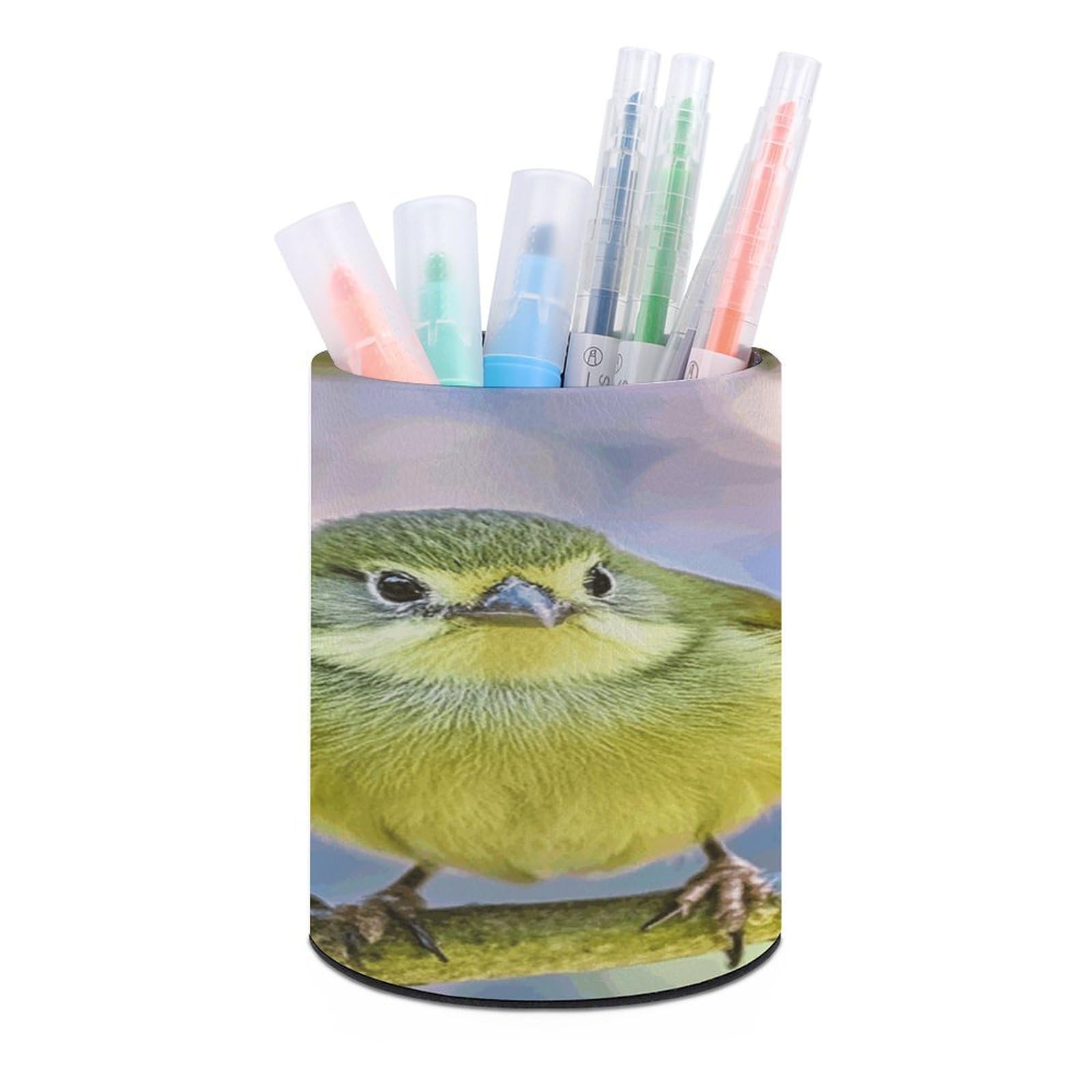 VstaDank Cute Kiwi Birds Pen Holder Round Pencil Holder Cup Pen Container PU Leather Desk Organizer Stand Decor Brush Scissor Holders Decoration Office Desk Home (3.1 X 3.9 Inches)