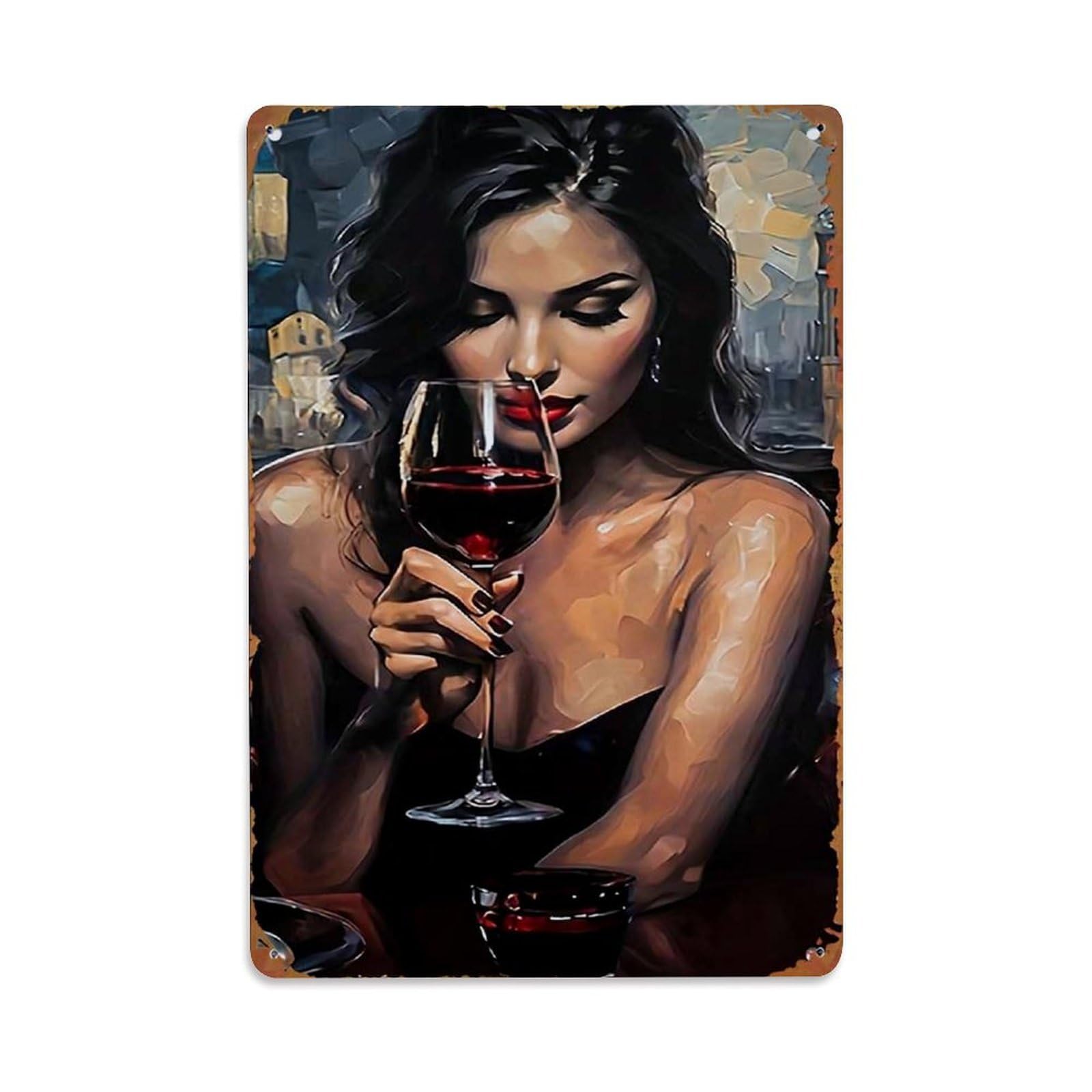 Elegant Woman Sipping Red Wine Retro Metal Tin Sign, Vintage Decor Art Poster for Bar, Home, Man Cave, Kitchen, Laundry Room Gift 8x12Inch