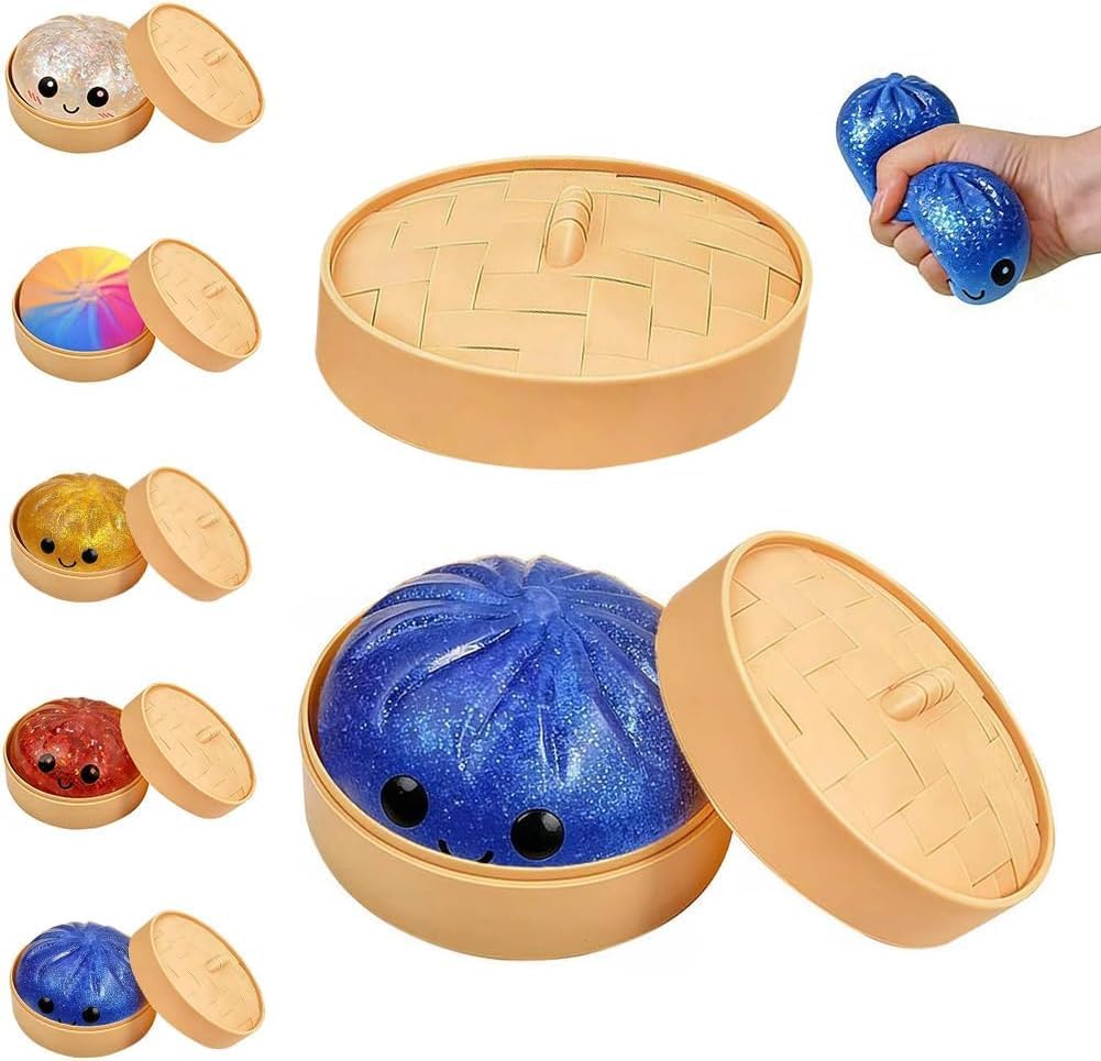 Dumpling Squishy Mystery Box, Slow Rising Glitter Squishy Dumpling Toy, Anxiety Relief Fidget, Stocking Stuffers with Food Steamer Stretchy Desk Toys (Glitter Pink) — view 7
