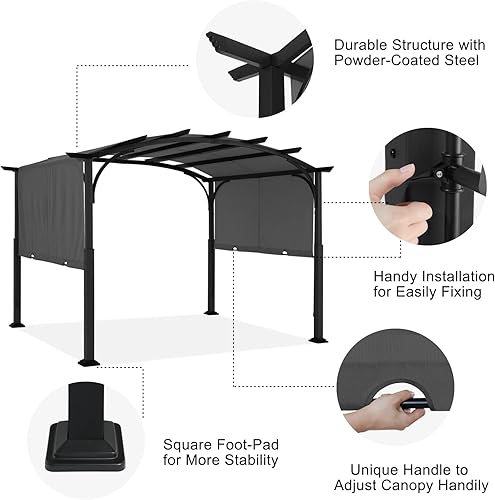 Miniatura 4 de ABCCANOPY pérgola para exteriores, 10 x 12 pies, cenador arqueado para patio con parasol retráctil, gris oscuro