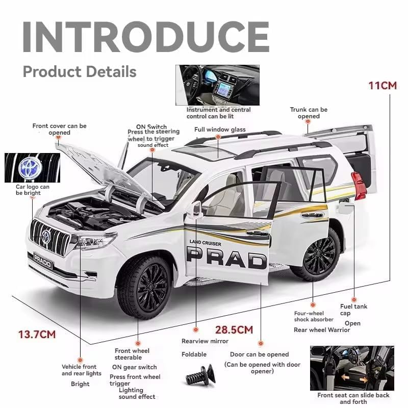 Image of Model Car Exclusive Alloy Metal Pull Back Die-cast Car Metal Pullback Toy car with Openable Doors & Light Music Best Gifts Toys Kids (1:18 Scale Toyota Land Cruiser Prado - White)