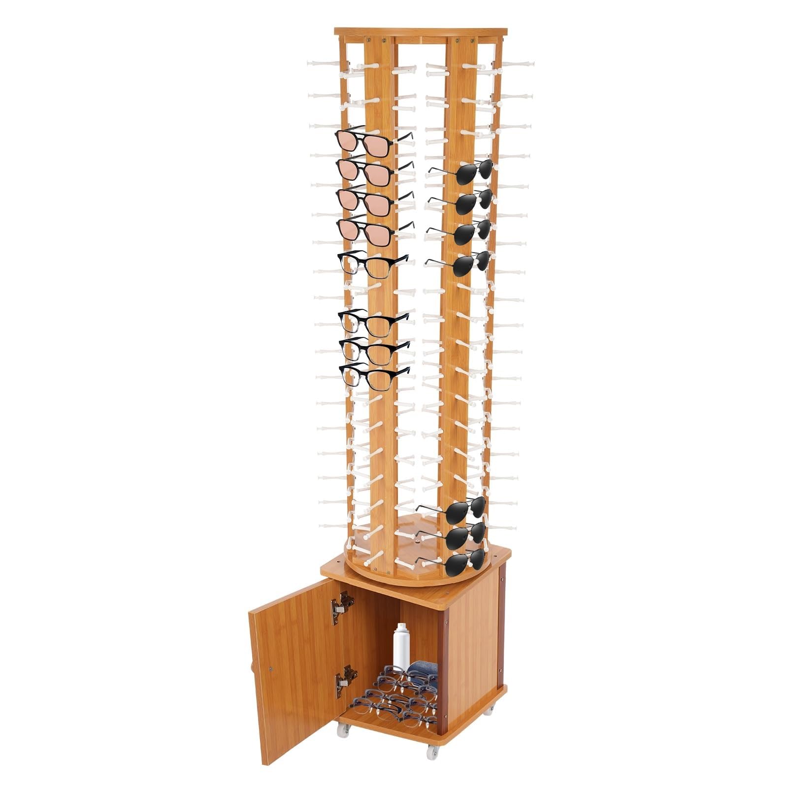 CAFIEDR 108 Pairs Wood Sunglass Display Rack With 4 Swivel Wheels, Floor-Standing Eyewear Storage Organizer, Commercial Glasse Hanging Rack.Light Brown