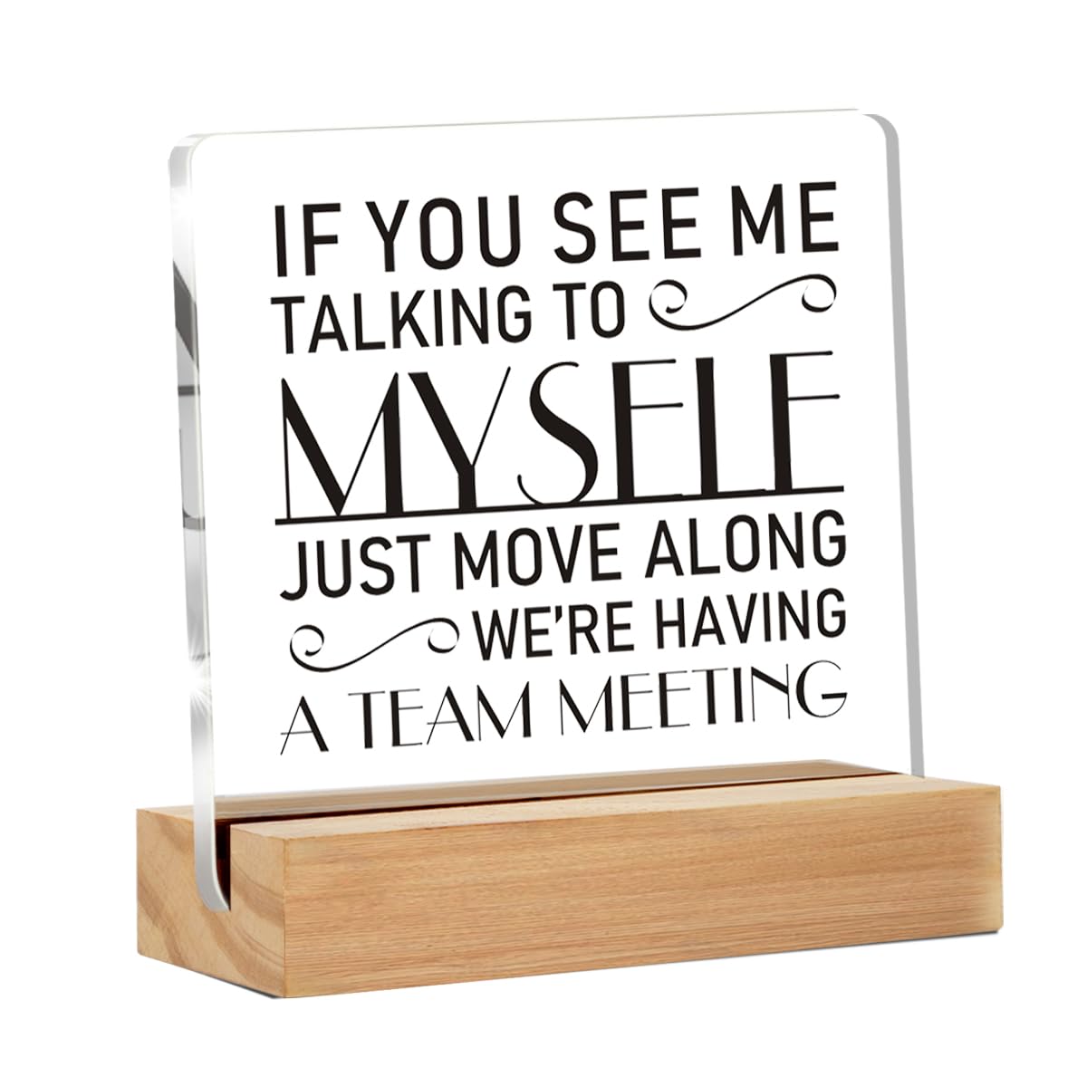 Funny Office Decor for Women, If You See Me Talking to Myself We're Having a Team Meeting Clear Desk Decorative Acrylic Sign With Wooden Stand for Desk Table Shelf