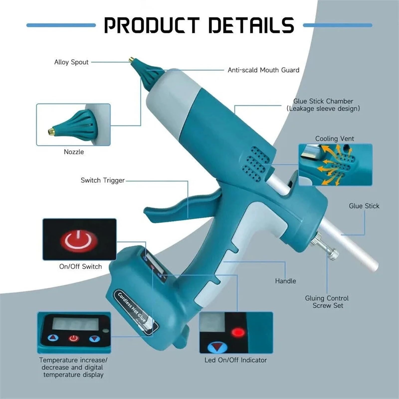 Pistola de pegamento de fusión en caliente de iones de litio inalámbrico DIY for herramientas eléctricas de batería de litio de 18V for el hogar Precalentamiento rápido(Blue)