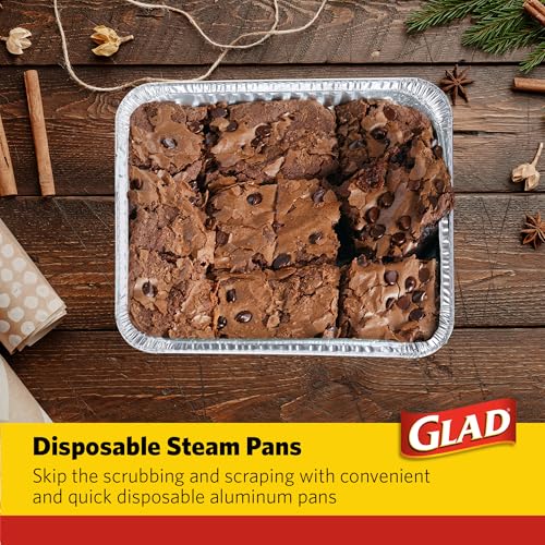Image of Glad Disposable Aluminum All-Purpose Pans with Lids, Red and White Snowflake Holiday Print, Oven Safe Foil Steam Pans for Baking, Roasting, and Storage, 12.5 x 10.2 x 2.16 in, 2 Pans and 2 Clear Lids