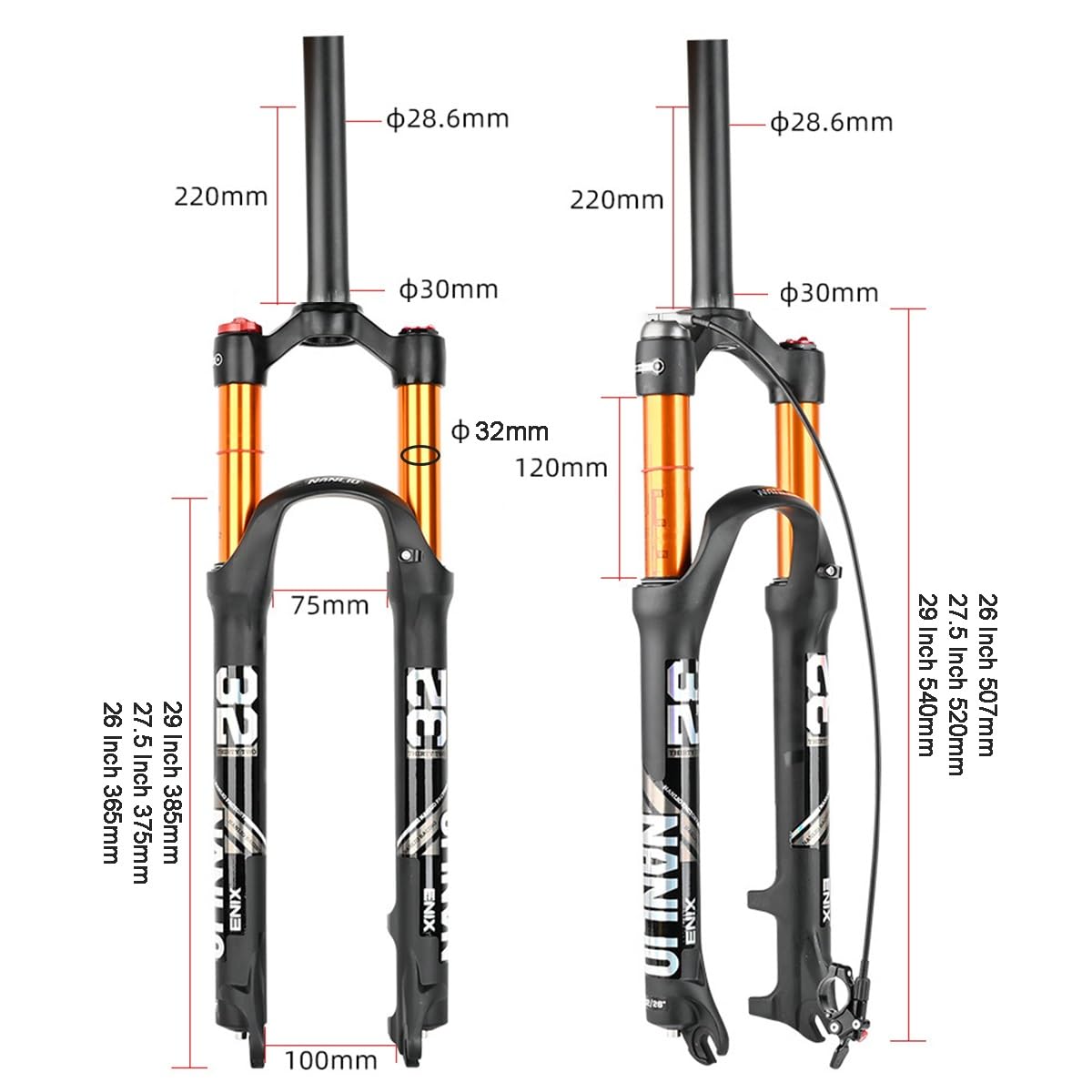 Horquilla Delantera para Bicicleta de montaña con Bloqueo de Aire, Recta, 1-1/8", Horquillas de suspensión para Bicicleta de montaña, tamaños comunes: 26", 27.5" y 29", Cierre ráp