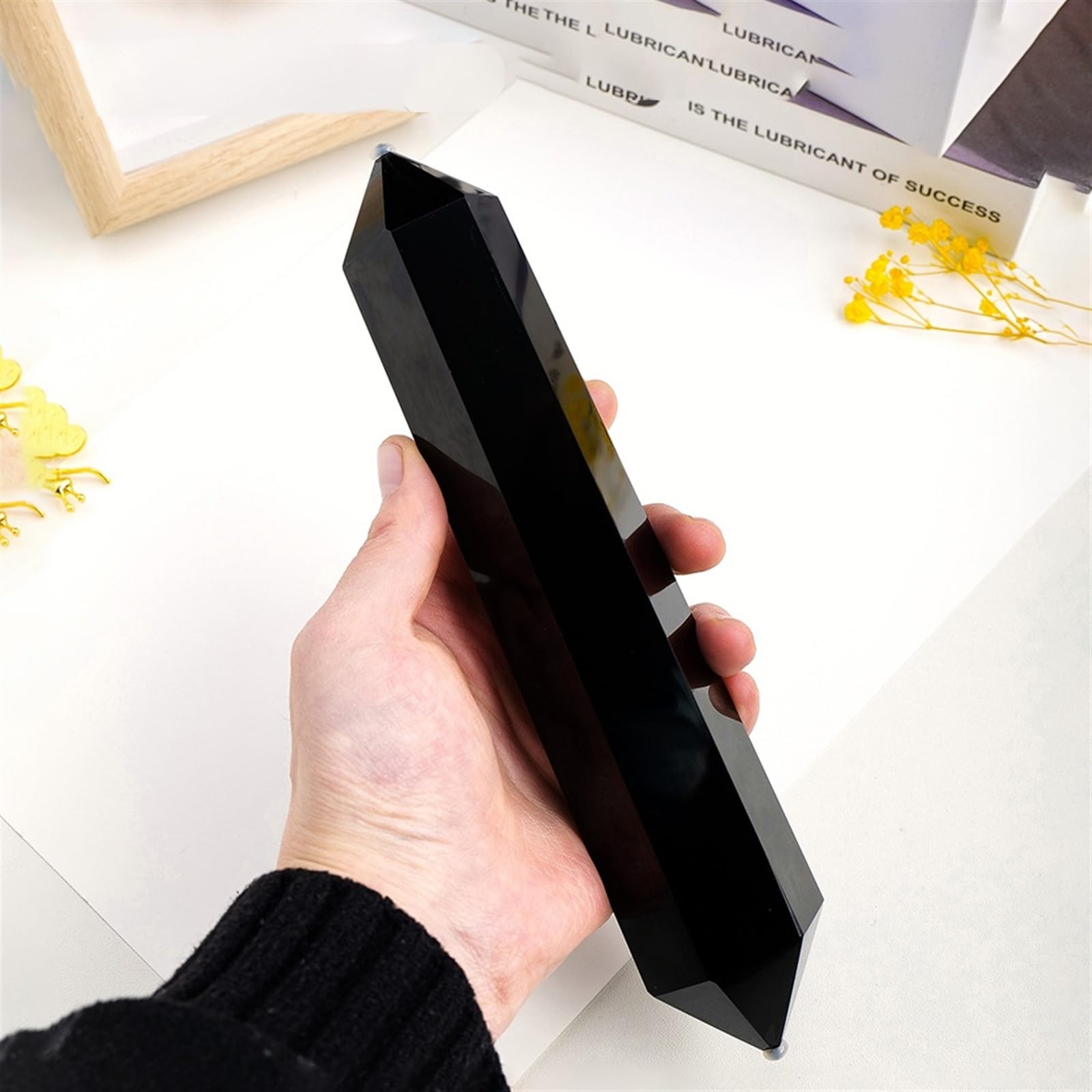 LLBOGRGGN 1pc Black Quartz Obsidian Double Point Crystal Magic Wand Hexagonal Prism Column Decoration Ornaments