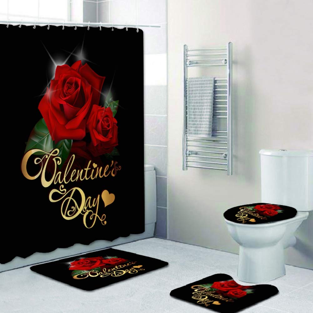Valentine's Day Shower Curtain Set,Red Rose Shower Curtain with Non-Slip Rug, Toilet Lid Cover, Bath Mat for Bathroom Decor