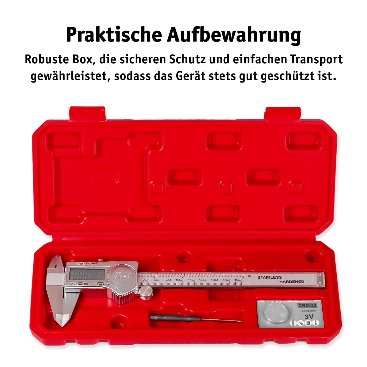 WALTER Schieblehre Digital, Messschieber Analog, Schieblehre, Messlehre, inkl. Knopfbatterie 3V, Edelstahl, spritzwasserfest, IP54 zertifiziert, LCD Display, Messbereich 0-150mm, inkl. Feineinstellrad