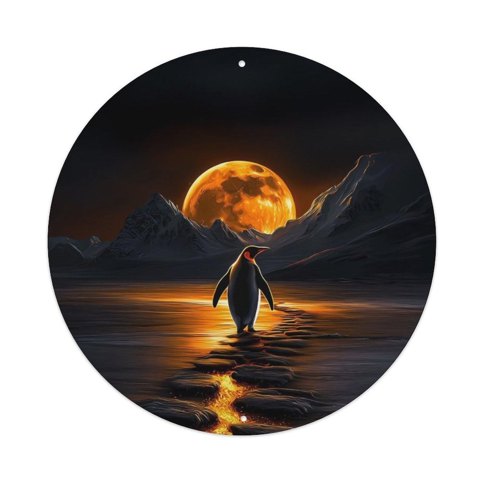 Animal King Penguin Full Moon Night Polar Glowing Water Landscape Vintage Metal Tin Sign Plaque Wall Decor for Cafe, Club Bar, Office, Garden Metal Poster 8x8Inch