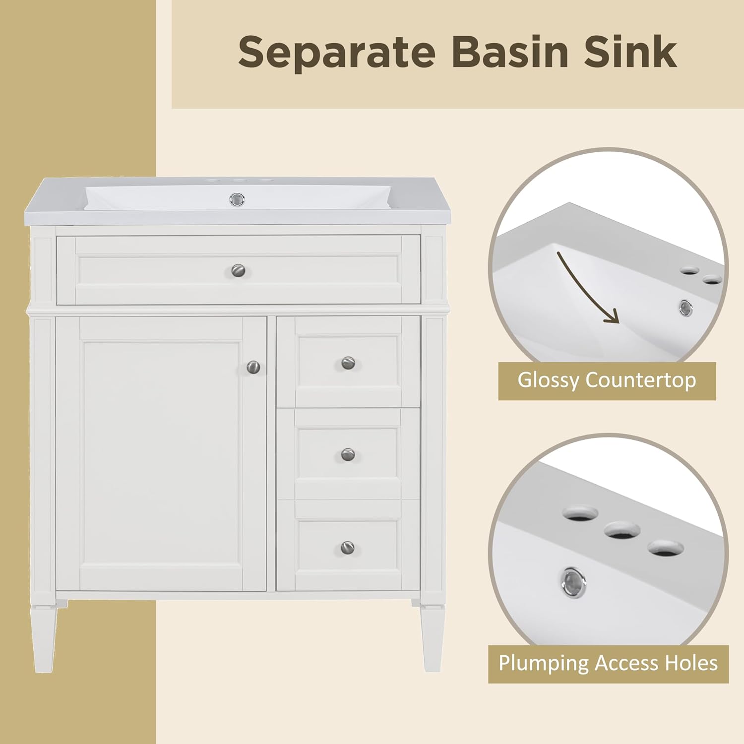 Virubi Modern 30" Bathroom Vanity with Sink, Bathroom Storage Cabinet with 2 Drawers, 1 Tip-Out Drawer and 1 Door, Freestanding Bathroom Vanities, Soft Closing, Solid Wood Frame