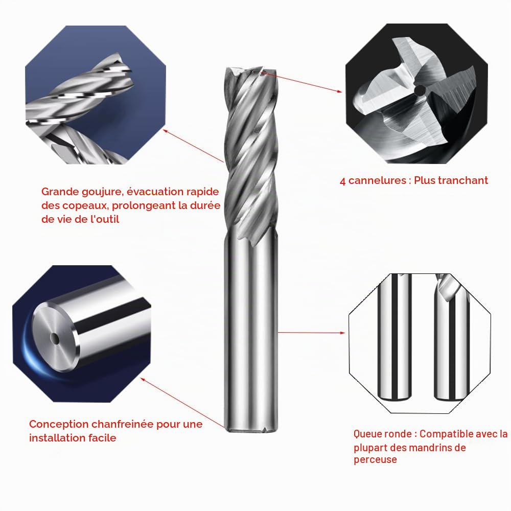 ASNOMY Lot de 10 forets à 4 cannelures - de 2 à 12 mm Fraise en Bout- Ensemble de forets à tige droite HSS CNC pour perceuse - Ensemble d'outils pour bois, aluminium, acier et titane