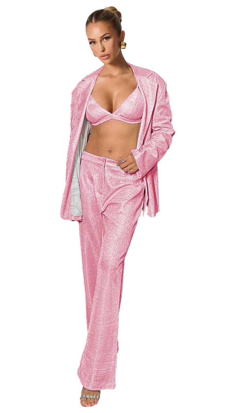 Glitter Suits for Women 3 Piece Sparkly Women Blazer Crop Top Pants Sexy Club Night Womens Suit for